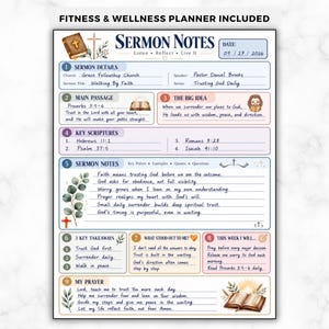 May include: A Sermon Notes planner page featuring sections for sermon details, main passage, key scriptures, and personal reflections. The document includes handwritten text, illustrations of a Bible and cross, and a fitness and wellness header.