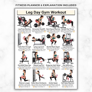 Op de afbeelding: Een fitnessplanner met een "Leg Day Gym Workout" gids. De gids bevat geïllustreerde oefeningen zoals Leg Press, Romanian Deadlift en Cable Pull-Through, met instructies en herhalingsaantallen. De planner bevat een fitnessuitleg.