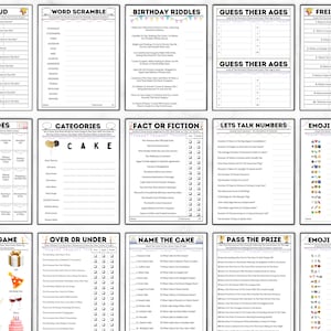 May include: A set of printable birthday party game cards with titles like "90's Feud", "Word Scramble", "Birthday Riddles", "Guess Their Ages", "Friendly Feud", "Charades", "Categories", "Fact or Fiction", "Let's Talk Numbers", "Emoji Pictionary", "Memory Game", "Over or Under", "Name the Cake", "Pass the Prize", and "Emoji Pictionary".