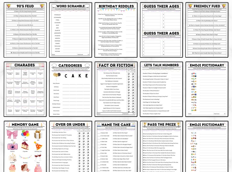 May include: A set of printable birthday party game cards with titles like "90's Feud", "Word Scramble", "Birthday Riddles", "Guess Their Ages", "Friendly Feud", "Charades", "Categories", "Fact or Fiction", "Let's Talk Numbers", "Emoji Pictionary", "Memory Game", "Over or Under", "Name the Cake", "Pass the Prize", and "Emoji Pictionary".