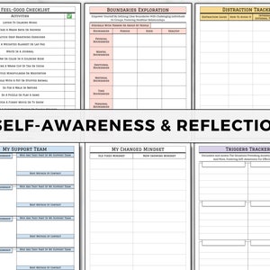 May include: A printable self-awareness and reflection worksheet with sections for tracking triggers, boundaries, distractions, and a feel-good checklist. The worksheet is designed to help users improve their mental health and well-being.
