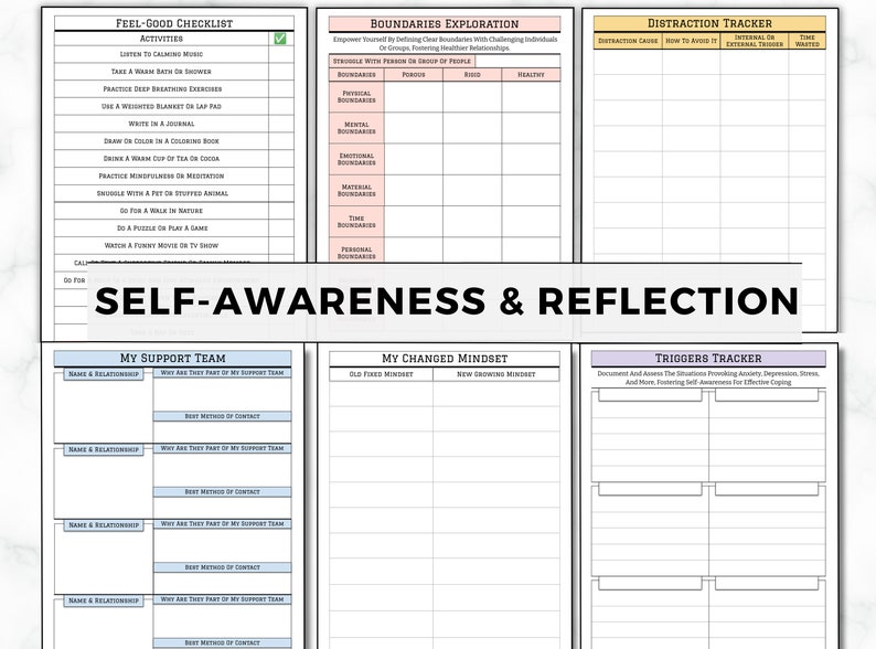 May include: A printable self-awareness and reflection worksheet with sections for tracking triggers, boundaries, distractions, and a feel-good checklist. The worksheet is designed to help users improve their mental health and well-being.