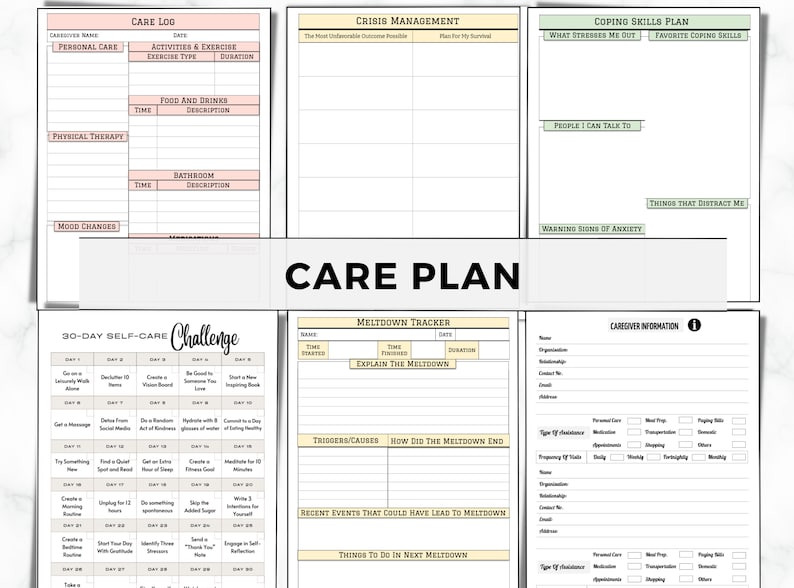 May include: A printable care plan worksheet with sections for personal care, activities and exercise, food and drinks, physical therapy, bathroom, mood changes, crisis management, coping skills plan, meltdown tracker, and caregiver information. The worksheet includes a 30-day self-care challenge.