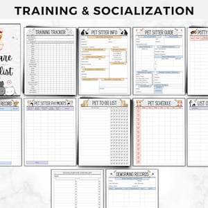 May include: Printable pet care checklist with sections for training, socialisation, potty training, spending, payments, to-do list, schedule, and commands. The checklist features cute cartoon dogs and cats.