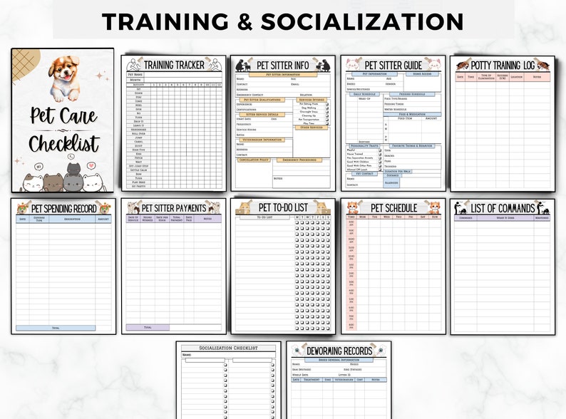 May include: Printable pet care checklist with sections for training, socialisation, potty training, spending, payments, to-do list, schedule, and commands. The checklist features cute cartoon dogs and cats.
