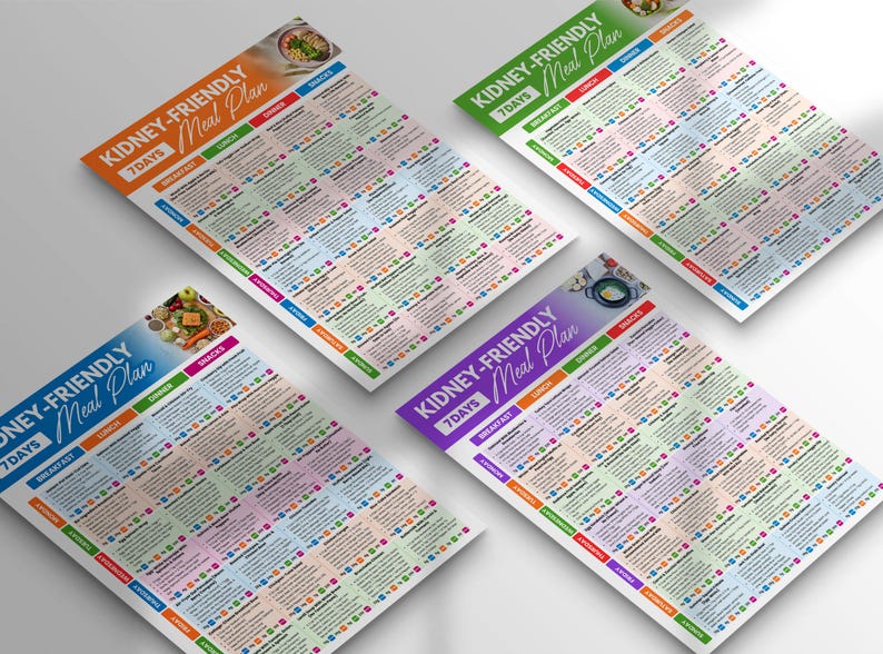 May include: Four colorful 7-day kidney-friendly meal plan charts. Each chart features a different color scheme, including orange, green, blue, and purple. The charts are titled "Kidney-Friendly Meal Plan" and include sections for breakfast, lunch, dinner, and snacks.