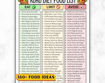 ADHD Diet Food List Printable, Autism & Brain Food Chart, Neurodivergent ADHD-Sensitive Grocery,  Meal Reference, Mental Cognitive Health