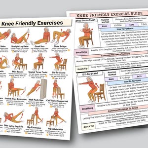 May include: Two exercise guides for knee-friendly exercises. One guide features illustrations of various exercises, including heel slides, straight leg raises, and mini squats. The other guide provides instructions for seated torso twists and sit-to-stand exercises.