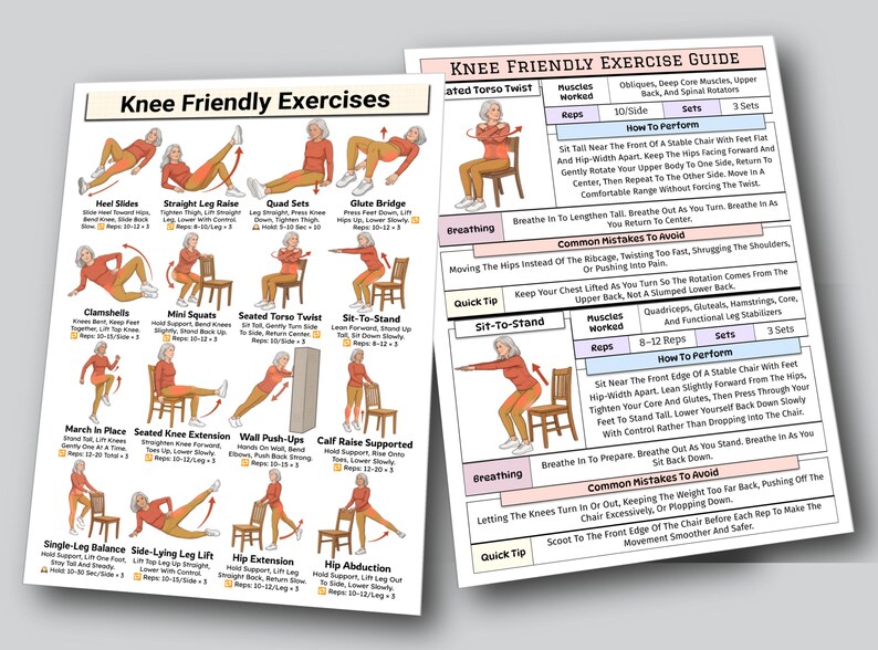 May include: Two exercise guides for knee-friendly exercises. One guide features illustrations of various exercises, including heel slides, straight leg raises, and mini squats. The other guide provides instructions for seated torso twists and sit-to-stand exercises.