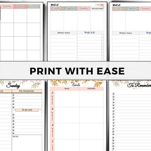 K&ouml;nnte beinhalten: Druckbare Wochenplaner-Seiten mit floralen Designs. Die Seiten enthalten Abschnitte f&uuml;r Zeitplan, Top-Priorit&auml;ten, To-Do-Liste, Ziele und Dinge, an die man sich erinnern sollte.