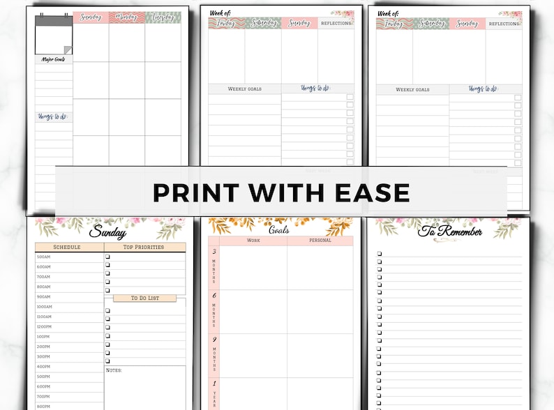 K&ouml;nnte beinhalten: Druckbare Wochenplaner-Seiten mit floralen Designs. Die Seiten enthalten Abschnitte f&uuml;r Zeitplan, Top-Priorit&auml;ten, To-Do-Liste, Ziele und Dinge, an die man sich erinnern sollte.