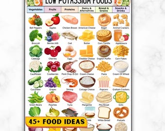 Low Potassium Grocery Food List, Kidney Health, CKD, & Renal Diet Support | Foods To Eat Chart For Potassium Control, Hyperkalemia Printable