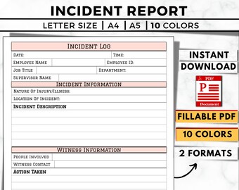 編集可能なインシデント報告書フォーム、記入可能なPDF、A4 A5（デジタルダウンロード）
