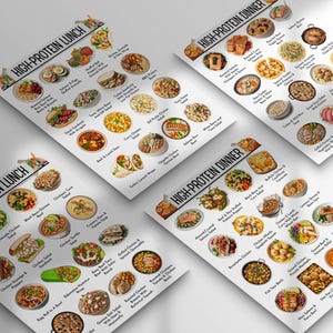 Op de afbeelding: Vier bedrukbare vellen met een lijst met idee&euml;n voor eiwitrijke lunches en diners. Elk vel heeft een raster met kleurrijke foto's van voedsel met tekstlabels.