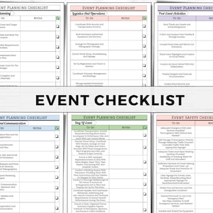 May include: An event planning checklist with sections for pre-event planning, logistics, promotion, day of event, post-event activities, and safety. Each section has to-do items and a notes column. The title "EVENT CHECKLIST" is in large, bold text.