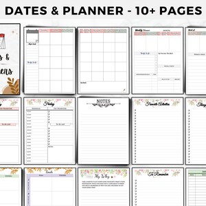 K&ouml;nnte beinhalten: Ein druckbarer Planer mit floralen und geometrischen Designs. Der Planer enth&auml;lt Seiten f&uuml;r Wochenpl&auml;ne, Notizen, To-Do-Listen und wichtige Termine. Der Text "Dates & Planner - 10+ Pages" befindet sich oben im Bild.