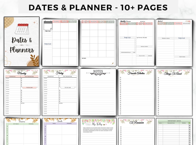 K&ouml;nnte beinhalten: Ein druckbarer Planer mit floralen und geometrischen Designs. Der Planer enth&auml;lt Seiten f&uuml;r Wochenpl&auml;ne, Notizen, To-Do-Listen und wichtige Termine. Der Text "Dates & Planner - 10+ Pages" befindet sich oben im Bild.