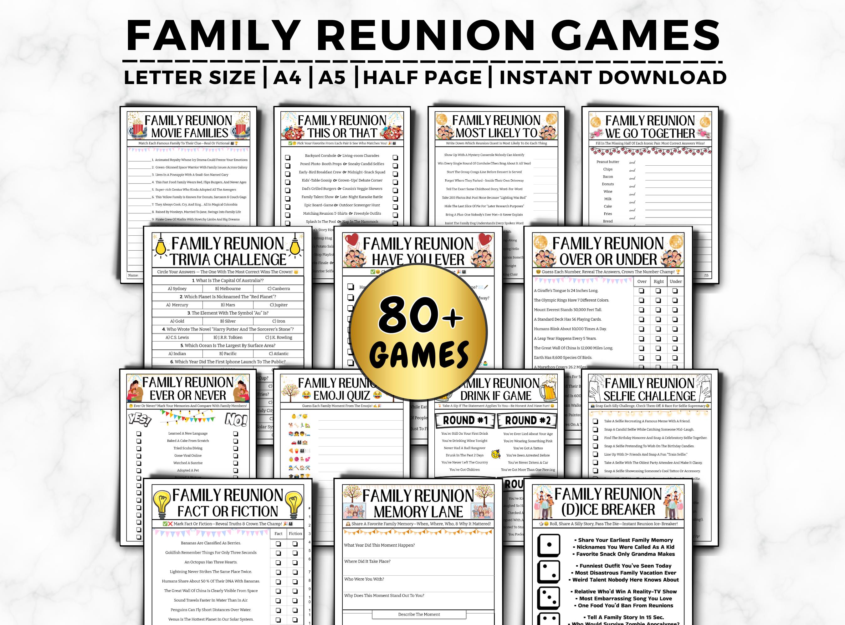 Family Reunion Games Bundle, 80 Family Reunion Activities, Family Reunion Icebreakers, Trivia Games, Family Reunion Ideas, Family Party Game