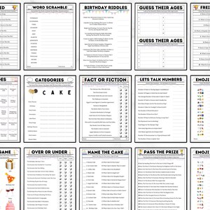 May include: A set of printable party game cards with various themes, including "40's Feud", "Word Scramble", "Birthday Riddles", "Guess Their Ages", "Friendly Feud", "Charades", "Categories", "Fact or Fiction", "Let's Talk Numbers", "Emoji Pictionary", "Memory Game", "Over or Under", "Name the Cake", and "Pass the Prize".