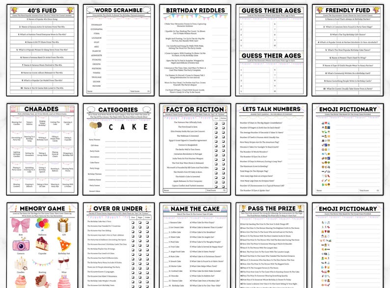 May include: A set of printable party game cards with various themes, including "40's Feud", "Word Scramble", "Birthday Riddles", "Guess Their Ages", "Friendly Feud", "Charades", "Categories", "Fact or Fiction", "Let's Talk Numbers", "Emoji Pictionary", "Memory Game", "Over or Under", "Name the Cake", and "Pass the Prize".