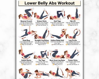 Póster de ejercicios para la parte baja del abdomen, ejercicios para la parte baja del abdomen imprimibles, tabla de ejercicios para el core en el suelo, ejercicios abdominales en casa, PDF para un vientre plano y pérdida de grasa abdominal