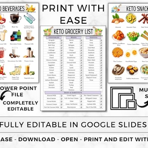 May include: A printable keto grocery list with a colorful design. The list includes sections for vegetables, meats, seafood, and dairy and substitutes. The list is fully editable in Google Slides and PowerPoint.