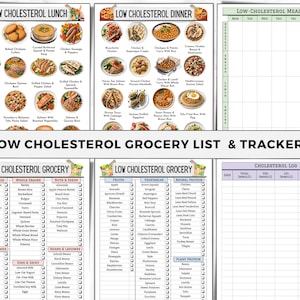 K&ouml;nnte beinhalten: Ein druckbarer Einkaufszettel und Speiseplan f&uuml;r eine cholesterinarme Ern&auml;hrung. Der Druckbare enth&auml;lt Abschnitte f&uuml;r Mittagessen, Abendessen, Einkaufslisten und ein Cholesterin-Protokoll. Der Druckbare zeigt Bilder verschiedener cholesterinarmer Mahlzeiten.