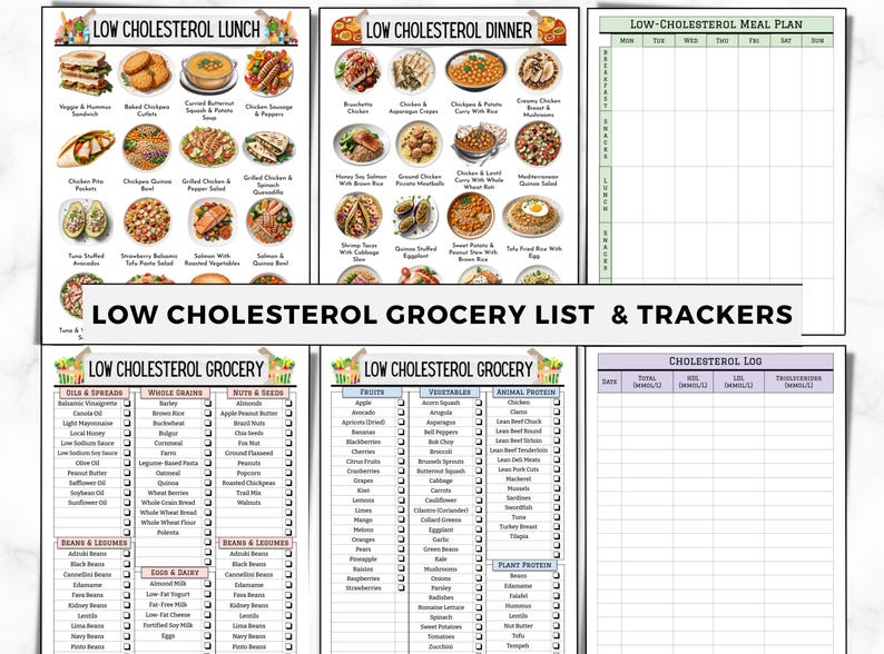 K&ouml;nnte beinhalten: Ein druckbarer Einkaufszettel und Speiseplan f&uuml;r eine cholesterinarme Ern&auml;hrung. Der Druckbare enth&auml;lt Abschnitte f&uuml;r Mittagessen, Abendessen, Einkaufslisten und ein Cholesterin-Protokoll. Der Druckbare zeigt Bilder verschiedener cholesterinarmer Mahlzeiten.