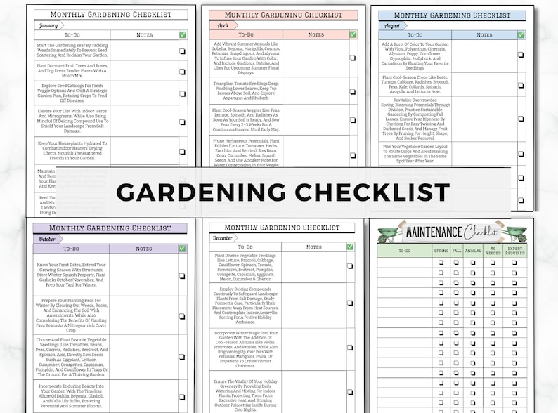 May include: A printable gardening checklist with a green and white colour scheme. The checklist is divided into monthly sections, with each month featuring a list of gardening tasks to complete. The checklist includes a section for notes and a check box for each task. The checklist also includes a maintenance checklist with a table for spring, fall, annual, as needed, and expert required tasks.