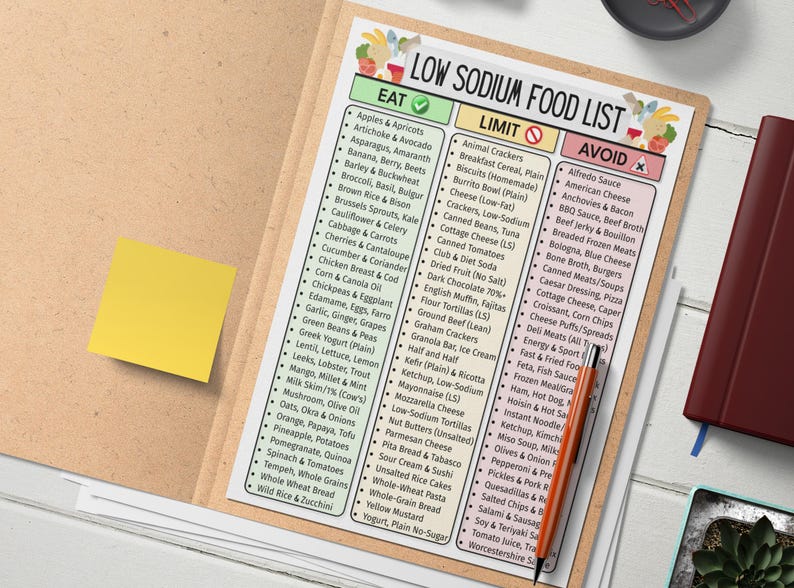May include: A low sodium food list printed on a sheet of paper, with three columns: Eat, Limit, and Avoid. The list is in black text with green, yellow, and red headers. A yellow sticky note is on the left.