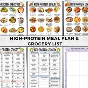 Op de afbeelding: Een printbare maaltijdplanner en boodschappenlijst voor een eiwitrijk dieet. Het document bevat een maaltijdplan sjabloon, een boodschappenlijst met vinkjes en een lijst met idee&euml;n voor eiwitrijke ontbijt-, lunch- en dinermaaltijden.