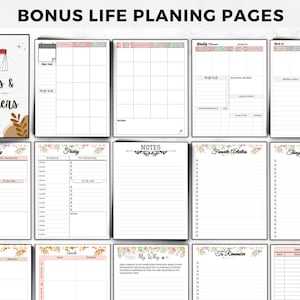 May include: A collection of planner pages with various layouts for scheduling, note-taking, and goal setting. The pages include sections for dates, weekly planning, and daily tasks. The design incorporates floral accents and the text "Bonus Life Planning Pages".