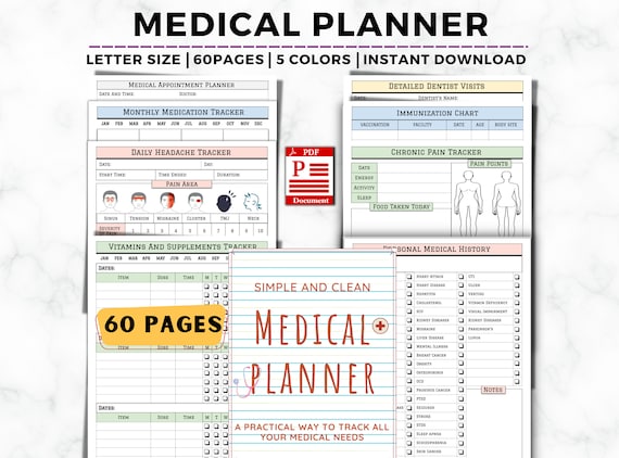 60-Page Medical Planner Printable, Health Tracker (PDF Download)