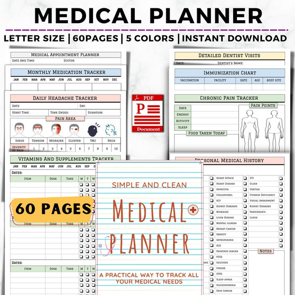 Medizinischer Planer zum Ausdrucken, medizinischer Familienplaner, Gesundheitsplaner, Blutdruckprotokoll, Arztbesuche, Schlaf-, Gewohnheits- und Medikamenten-Tracker