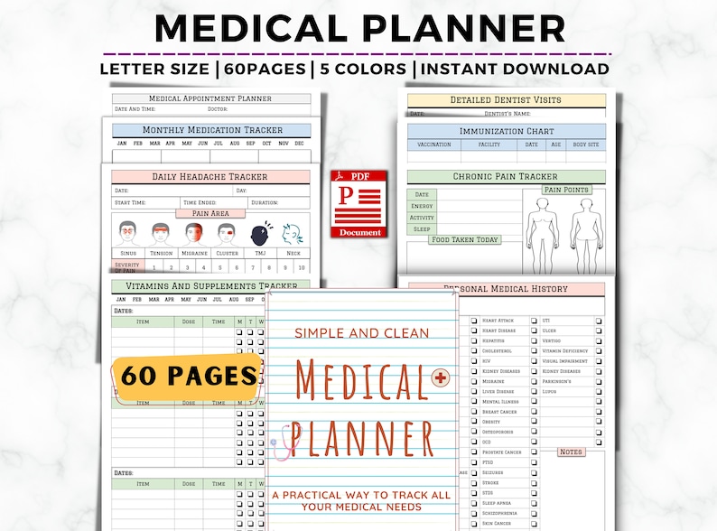May include: A printable medical planner with 60 pages, featuring a variety of trackers for appointments, medications, headaches, vitamins, chronic pain, and personal medical history. The planner is available in five colors and is an instant download.