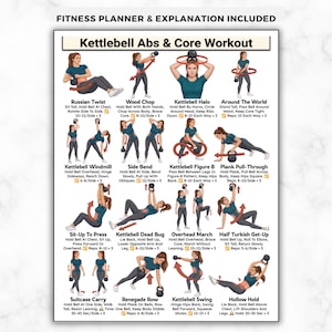 May include: A fitness planner with illustrations of kettlebell exercises for abs and core workouts. The exercises include Russian twists, wood chops, kettlebell halos, and around-the-world movements. The planner includes a fitness planner and explanation.