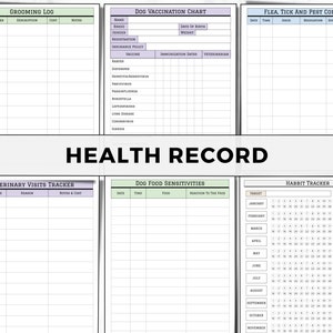 May include: A printable health record tracker for dogs. The document includes sections for grooming, vaccinations, flea and tick control, veterinary visits, food sensitivities, and a habit tracker.