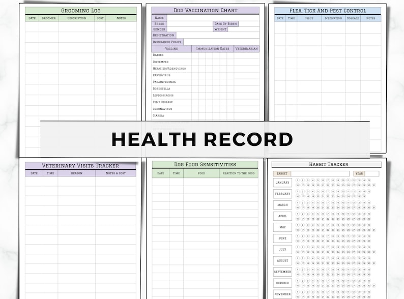 May include: A printable health record tracker for dogs. The document includes sections for grooming, vaccinations, flea and tick control, veterinary visits, food sensitivities, and a habit tracker.