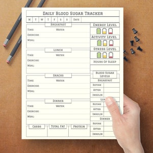 May include: A black and white printable daily blood sugar tracker with sections for breakfast, lunch, snacks, and dinner. The tracker includes space to record time, exercise, meal, water intake, blood sugar levels before and after meals, insulin dosage, and energy, activity, and stress levels. It also includes a section for tracking carbs, total fat, and protein.
