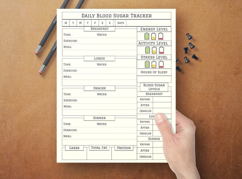 May include: A black and white printable daily blood sugar tracker with sections for breakfast, lunch, snacks, and dinner. The tracker includes space to record time, exercise, meal, water intake, blood sugar levels before and after meals, insulin dosage, and energy, activity, and stress levels. It also includes a section for tracking carbs, total fat, and protein.