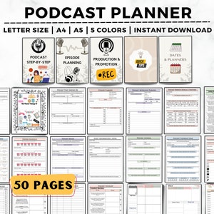 May include: A printable podcast planner with 50 pages, featuring sections for podcast step-by-step, episode planning, production and promotion, quick tips, and dates and planners. The planner is available in letter size, A4, and A5, and comes in 5 colors.