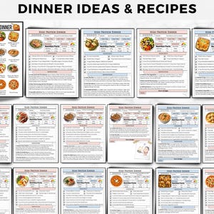 May include: A collection of printable recipe cards titled DINNER IDEAS & RECIPES, featuring a high-protein dinner index page and multiple individual recipe sheets with food photos, nutrition facts, ingredient lists, and step-by-step instructions.