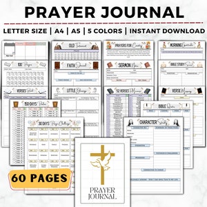 May include: A printable prayer journal with 60 pages, featuring a variety of templates for prayer, bible study, and reflection. The journal includes sections for 100 prayers, 150 days of Psalms, 30 days of prayer challenges, 52 verses, bible quotes, and character study. The journal is available in letter size, A4, and A5, and in five colours.