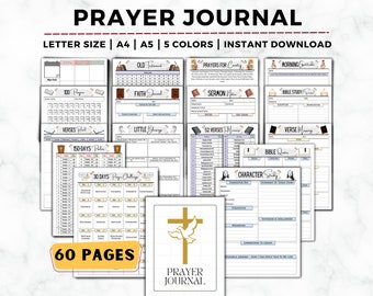 May include: A printable prayer journal with 60 pages, featuring a variety of templates for prayer, bible study, and reflection. The journal includes sections for 100 prayers, 150 days of Psalms, 30 days of prayer challenges, 52 verses, bible quotes, and character study. The journal is available in letter size, A4, and A5, and in five colors.