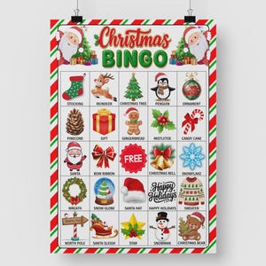 May include: A Christmas Bingo game card with a red and green border. The card features festive illustrations like Santa, reindeer, and ornaments. The words "Christmas BINGO" are at the top, and "Happy Holidays" is also visible.