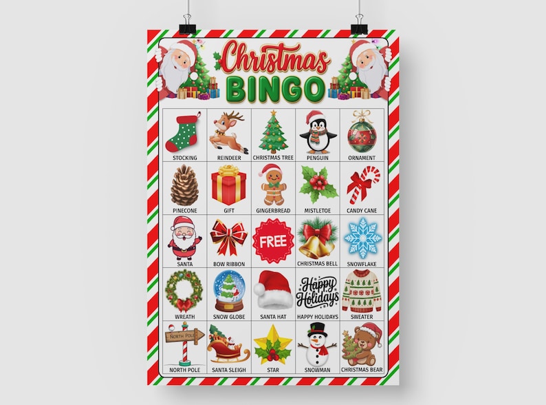 May include: A Christmas Bingo game card with a red and green border. The card features festive illustrations like Santa, reindeer, and ornaments. The words "Christmas BINGO" are at the top, and "Happy Holidays" is also visible.