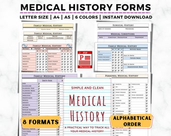 Medical History Form Printable , Family Medical History Template, Family Health History, Medical Binder Insert, Personal Health History