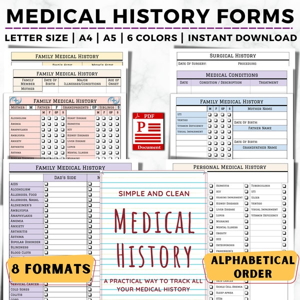 Formulaire d'antécédents médicaux imprimable, modèle d'antécédents médicaux familiaux, antécédents familiaux, encart pour cartable médical, antécédents personnels de santé