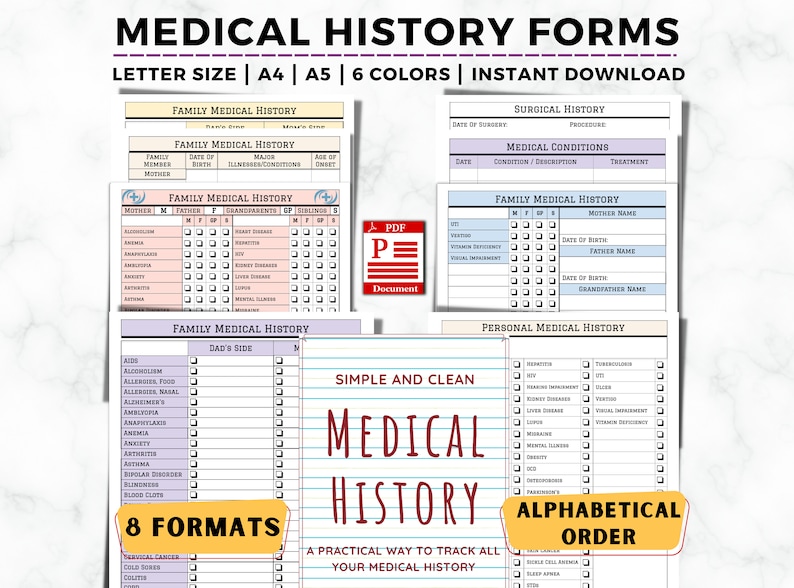 May include: A set of printable medical history forms in 8 different formats. The forms are designed to be simple and clean, with a focus on tracking medical history in alphabetical order. The forms are available in 6 colors and can be printed in letter, A4, or A5 sizes.