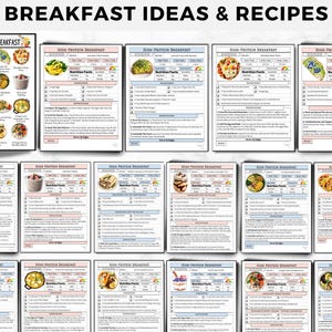 May include: A collection of high-protein breakfast recipe cards featuring a variety of meal options, nutrition facts, ingredient lists, and step-by-step instructions. Each card is titled High-Protein Breakfast and includes images of prepared dishes.